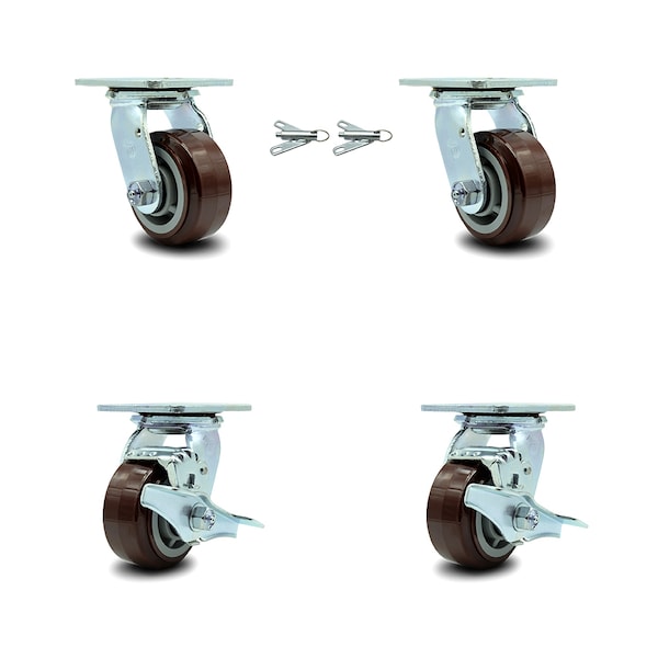 4 Inch Polyurethane Caster Set with Ball Bearings 2 Swivel Lock 2 Brake SCC